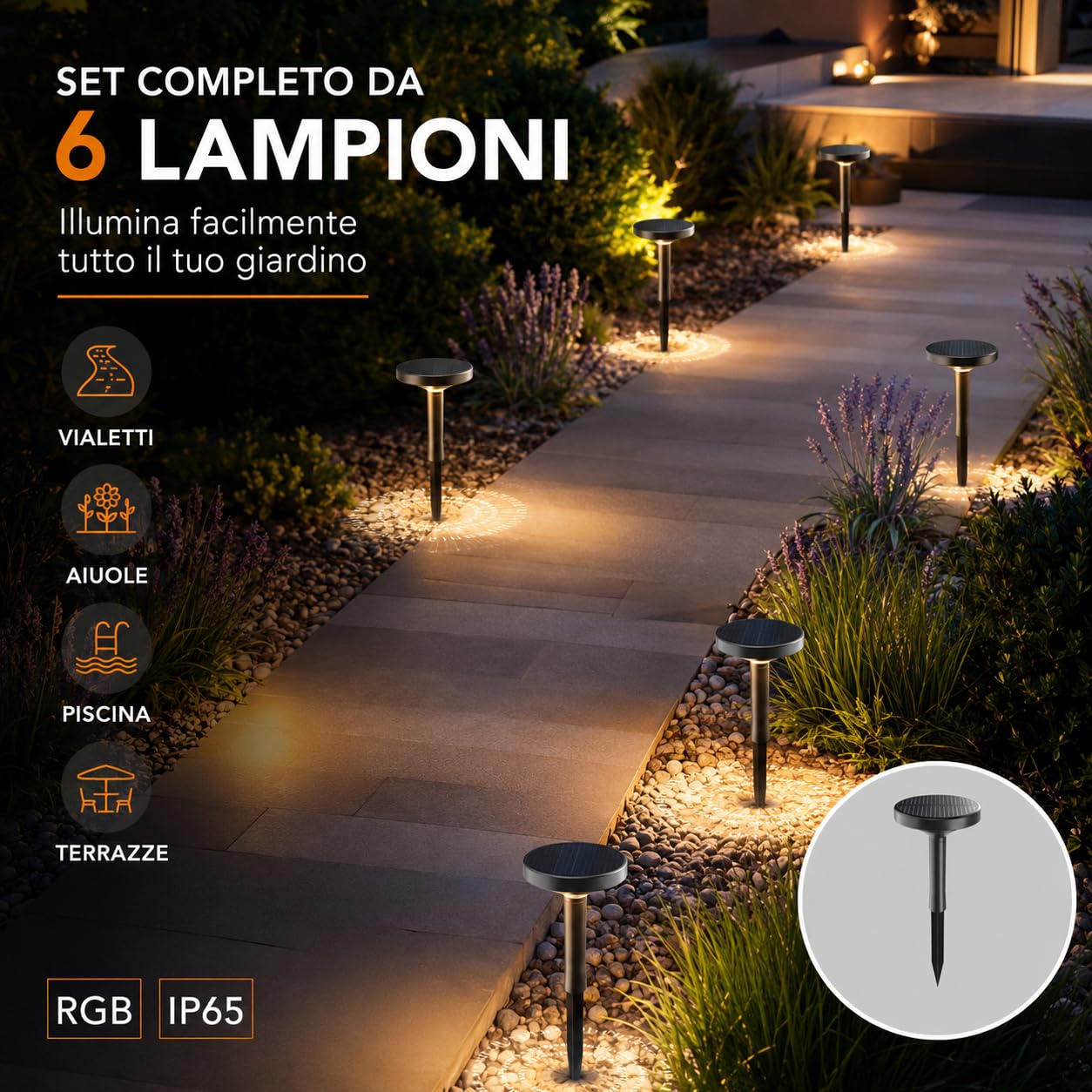 Set 6 Lampioncini Solari da Giardino con Picchetto | Luci Solari Esterno IP65 | Autonomia fino a 12 Ore | Versione RGB o CCT 3000K 4000K 6500K | per Vialetti Aiuole Terrazze Cortili (Luce RGB)