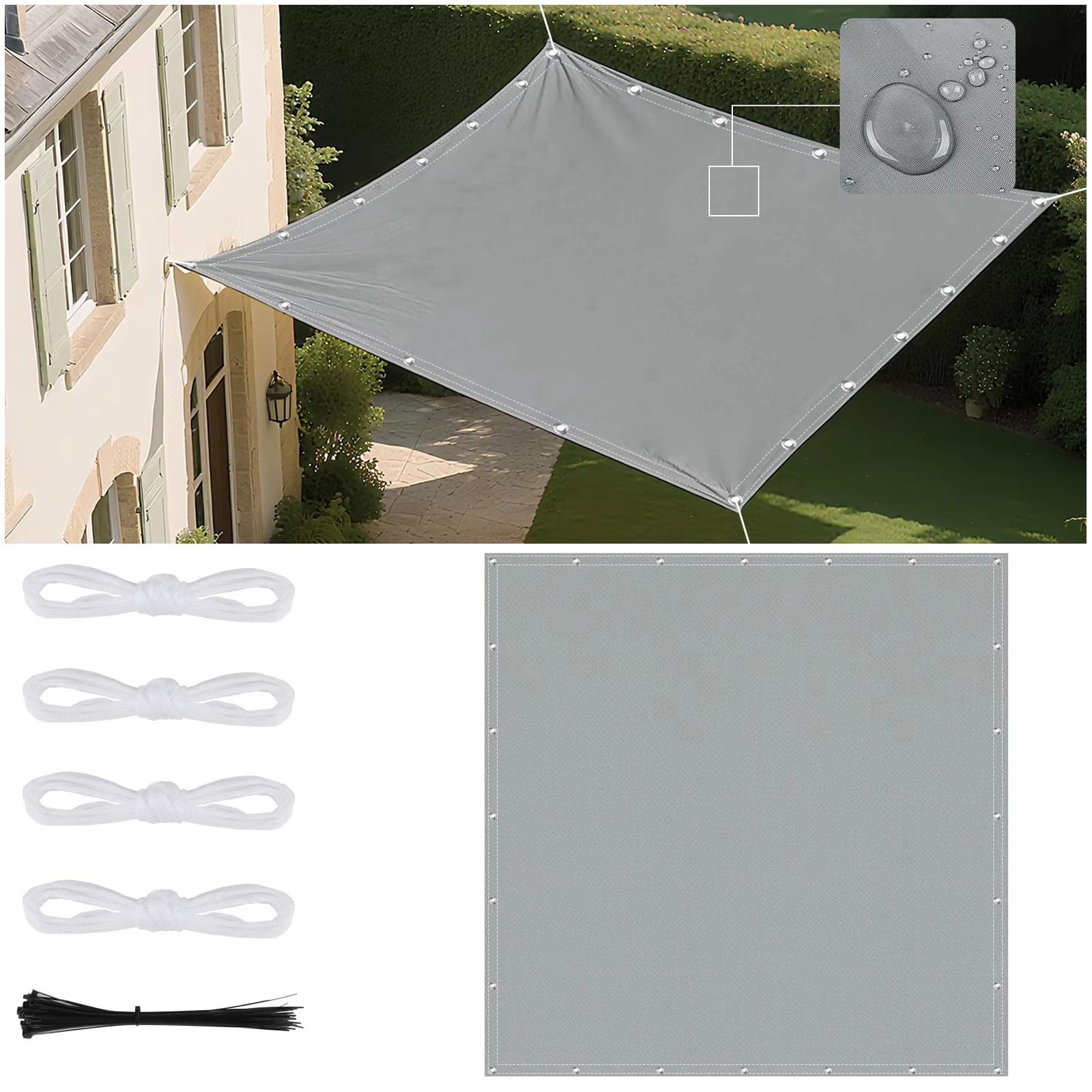Toile D'ombrage Imperméable Rectangulaire, 4.4X3.7M Gris Clair Voile Ombrage avec Oeillets D'ombrage Bâche Ombrage Protection UV Solaire pour Jardins Balcons Pergola Terrasse