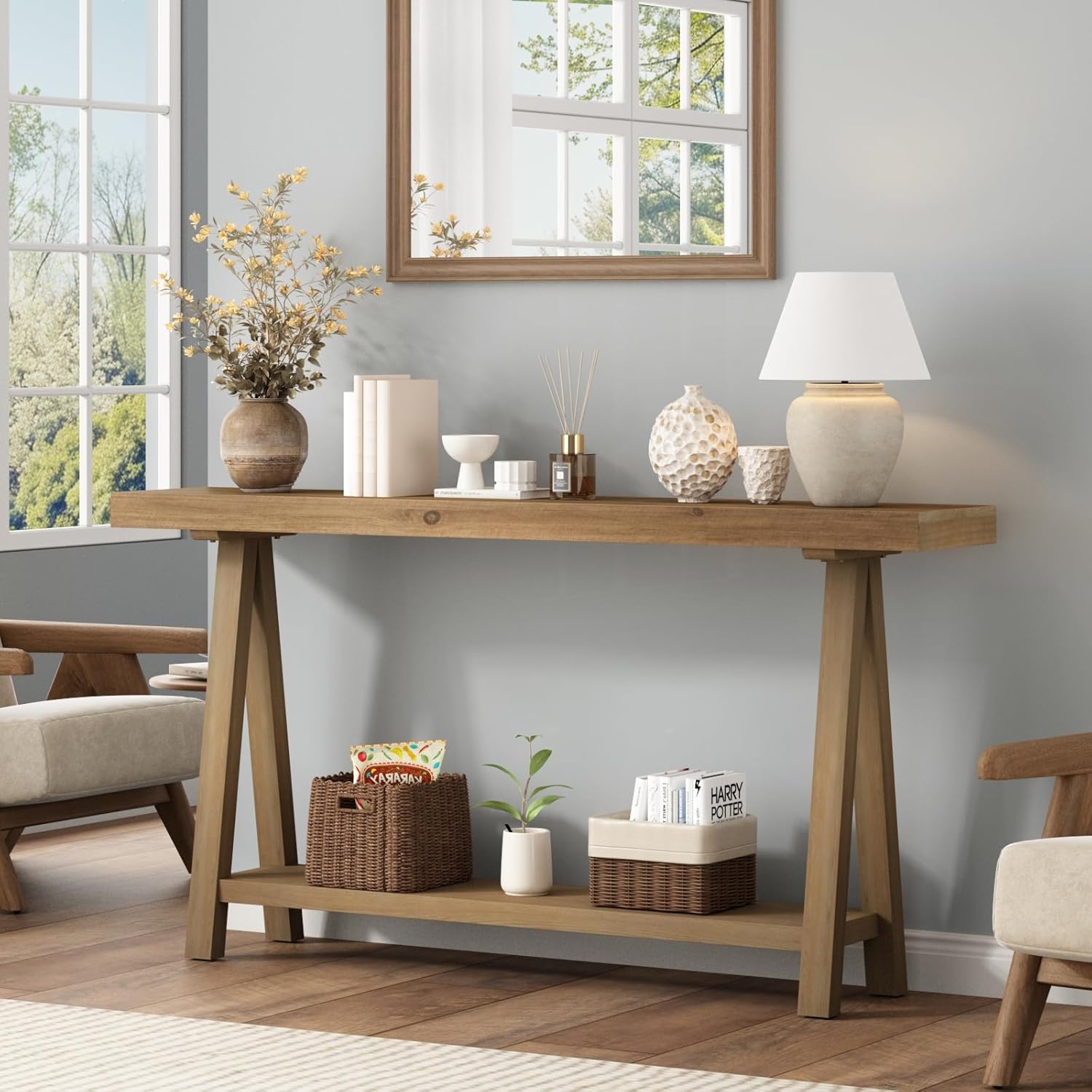 HOKYHOKY Solid Wood Console Tables - 43.3" Pinewood Farmhouse Rustic Hallway Table, Foyer Tables Living Room, Solid Firwood Sofa Table for Entryway, Brown