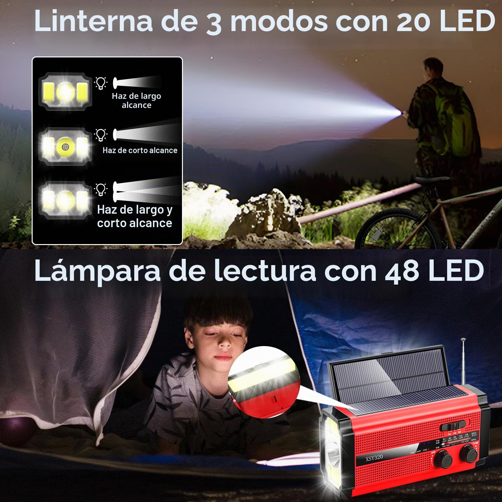 Radio de alerta meteorológica NOAA de emergencia, manivela solar portátil SW/AM/FM, batería reemplazable, reloj SOS alarma y linterna para el hogar al aire libre (clásico, rojo)