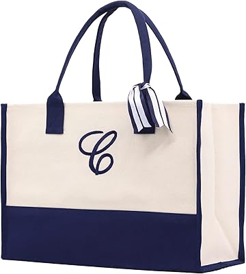 VANESSA ROSELLA Monogram Tote Bag with 100% Cotton Canvas and a Chic Personalized Monogram (Navy Script Letter - C)