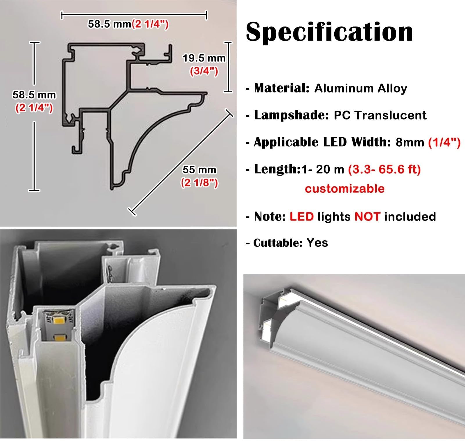 Oświetlenie listwy sufitowej i ściennej, 8 mm dwustronny, pośredni profil LED, dekoracyjny gzyms aluminiowy, biały (2 m / 6,5 cala)