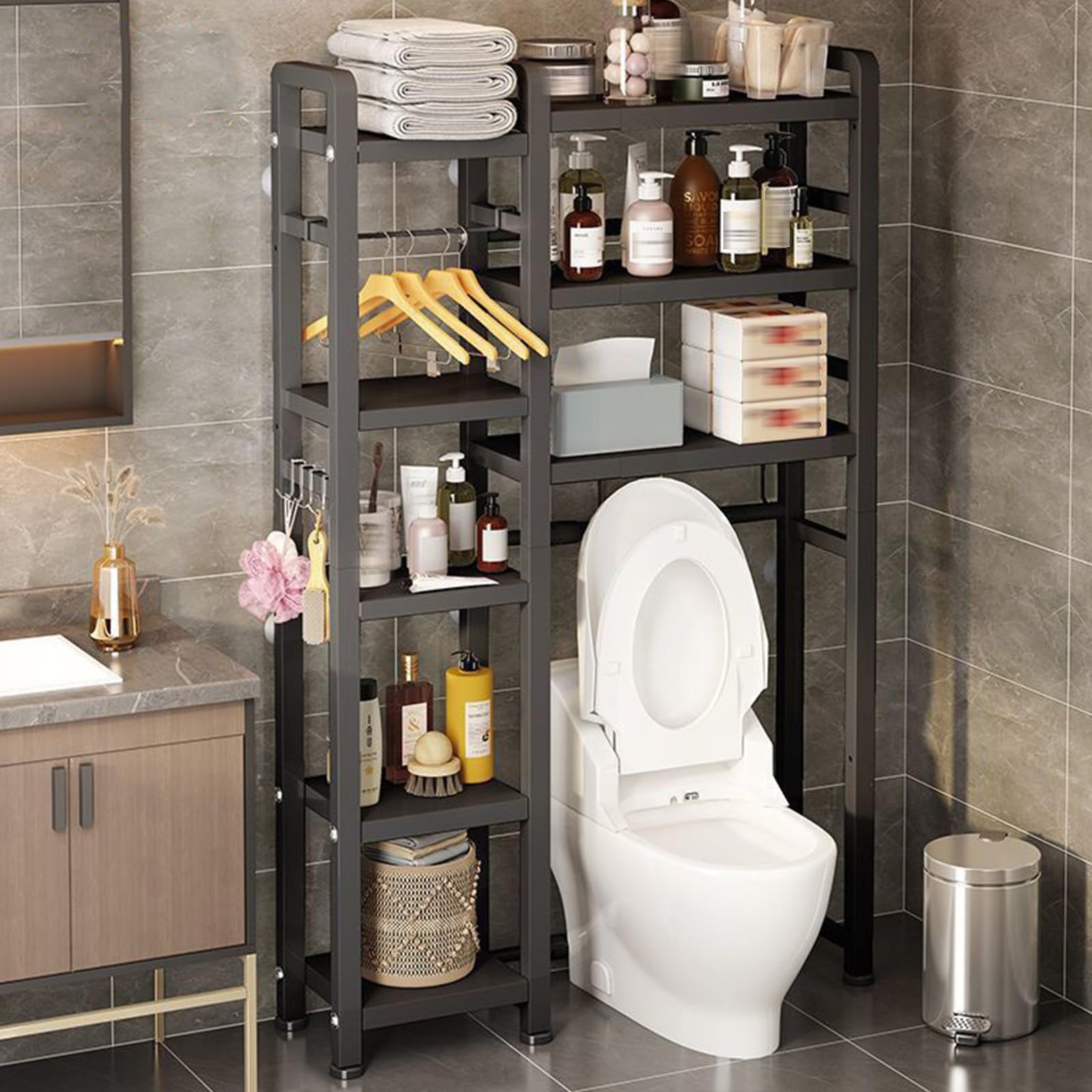 Toilettenregal, Regal Über Toilette WC Regal, 3-Stöckiges Verstellbar Badregal Mit Fußpolster, Multifunktional Badezimmerregal, Platzsparend, Einfache Montage