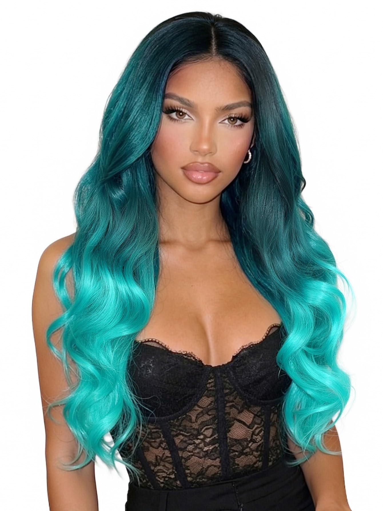 HANNE Ombre Bluish Green Wig Long Wavy Synthetic Wigs For Women Heat Resistant Glueless Synthetic Hair High Density Body Wave Aqua Teal Wigs (Ombre