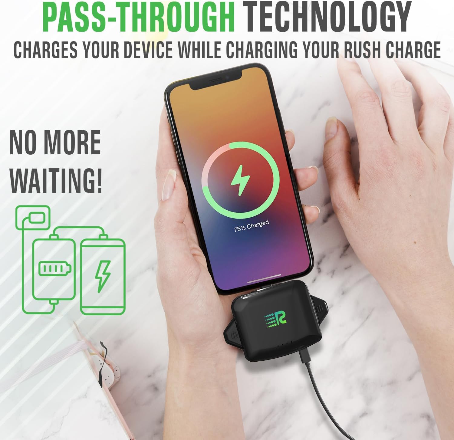 Rush Charge Universe 3 in 1 Portable Charger – 2350mah, Mini Power Bank Fast Charging Compatible with iPhone and Android Lightning, Type C, Micro-USB small portable charger small power bank RC33 Black