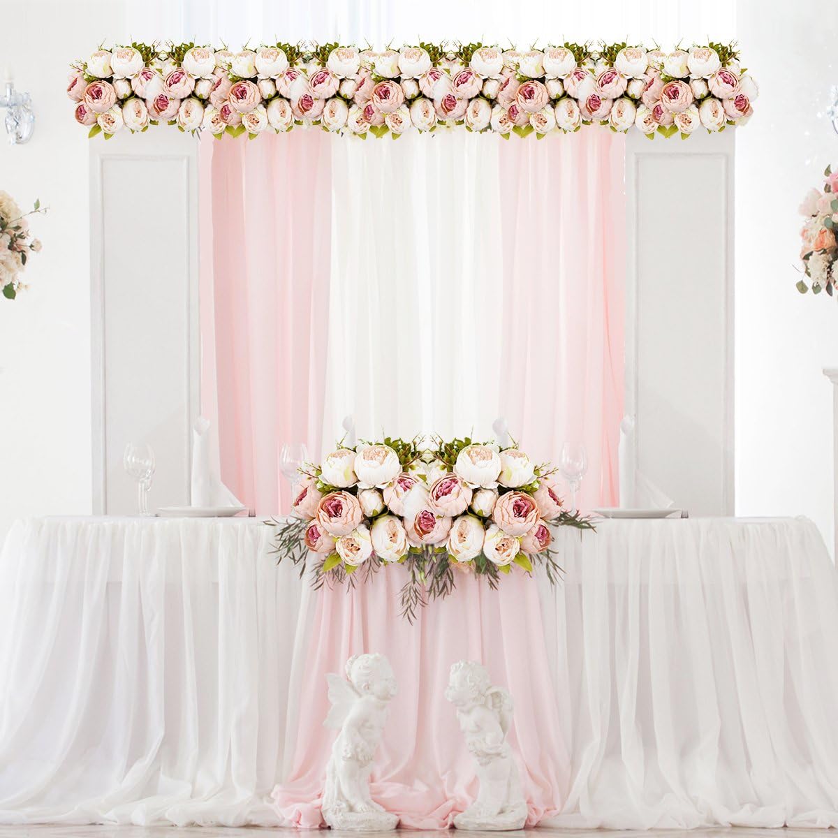 Sunm Boutique 2 Pcs Vintage Artificial Peony Silk Flower Leaf Artificial Light Pink Peony Flowers Artificial Silk Peony Flowers Bouquet for Home Bridal Wedding Party Festival Bar Decor (Peach Pink)