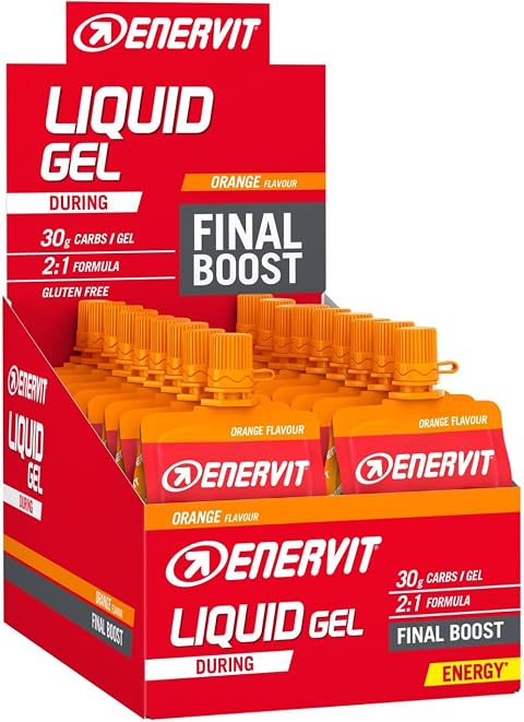 Enervit, Liquid Gel Arancia, Gel Energetico con Maltodestrine, Per Sport ad Alta Intensità, 30g di Carboidrati, Tappo Richiudibile, Gusto Arancia, VeganOK, Senza Grassi, Senza Glutine, 18 Pack da 60ml