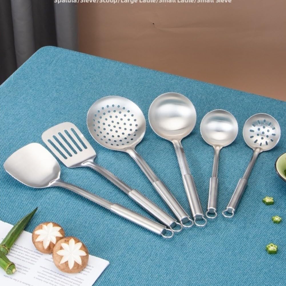 Juego de utensilios de cocina de acero inoxidable, 7 piezas con estante de almacenamiento, herramientas de cocina resistentes al calor con asas antideslizantes para freír y freír