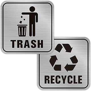 2PCS Recycle Stickers for Trash Bins, Self-Adhesive Waterproof Brushed Silver Trash and Recycling Stickers for Trash Can, Kitchen, Office, Garbage Bin Indoor, Outdoor Use