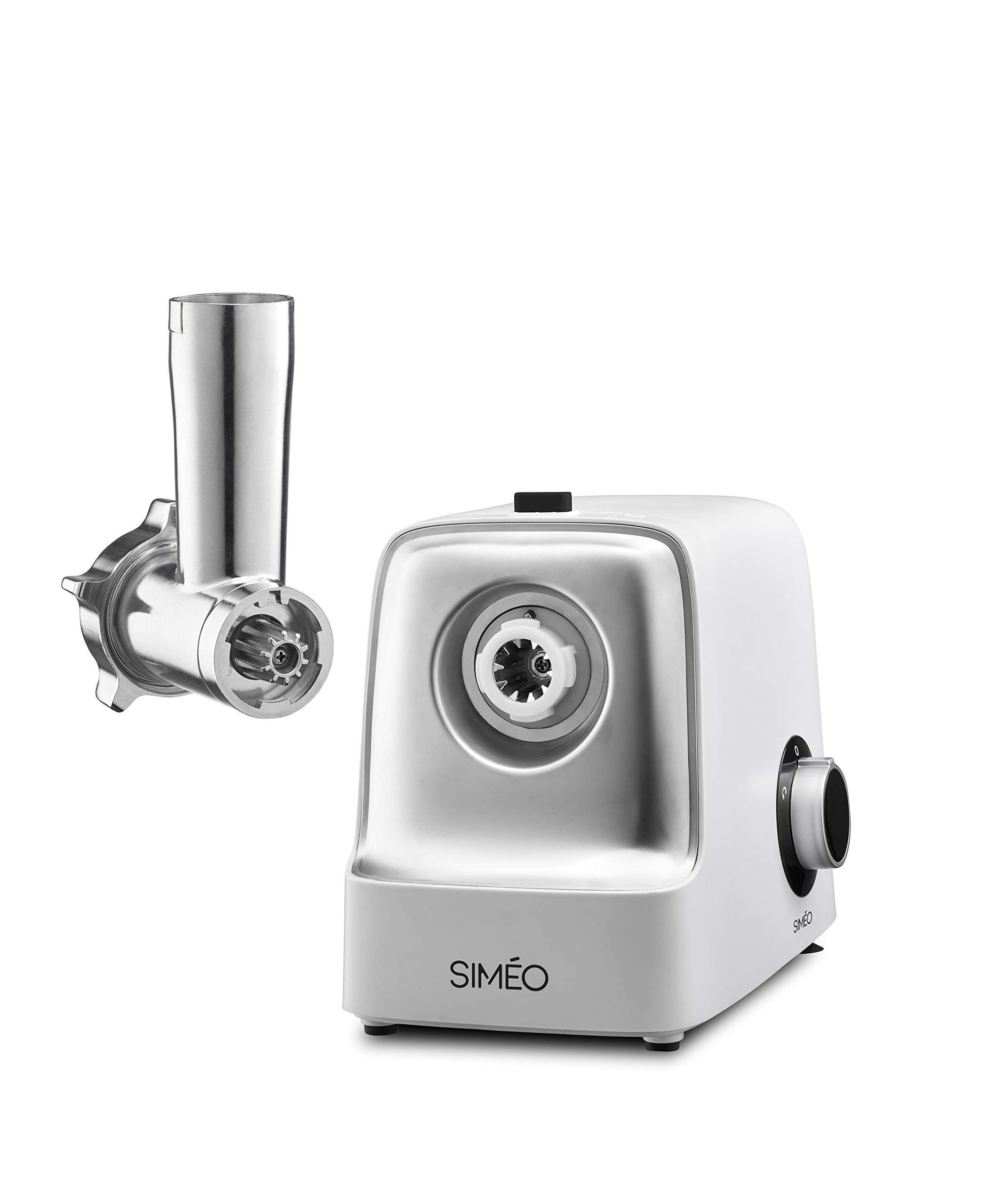 SIMÉO - Hachoir à Viande Compact RHM310-3 Grilles Inox (3, 4.5, 7 mm x ∅50 mm), Kits à Saucisses et Kebbés - Moteur 2 Vitesses, 2.5kg/mn - 13x24x31,5 cm - Blanc