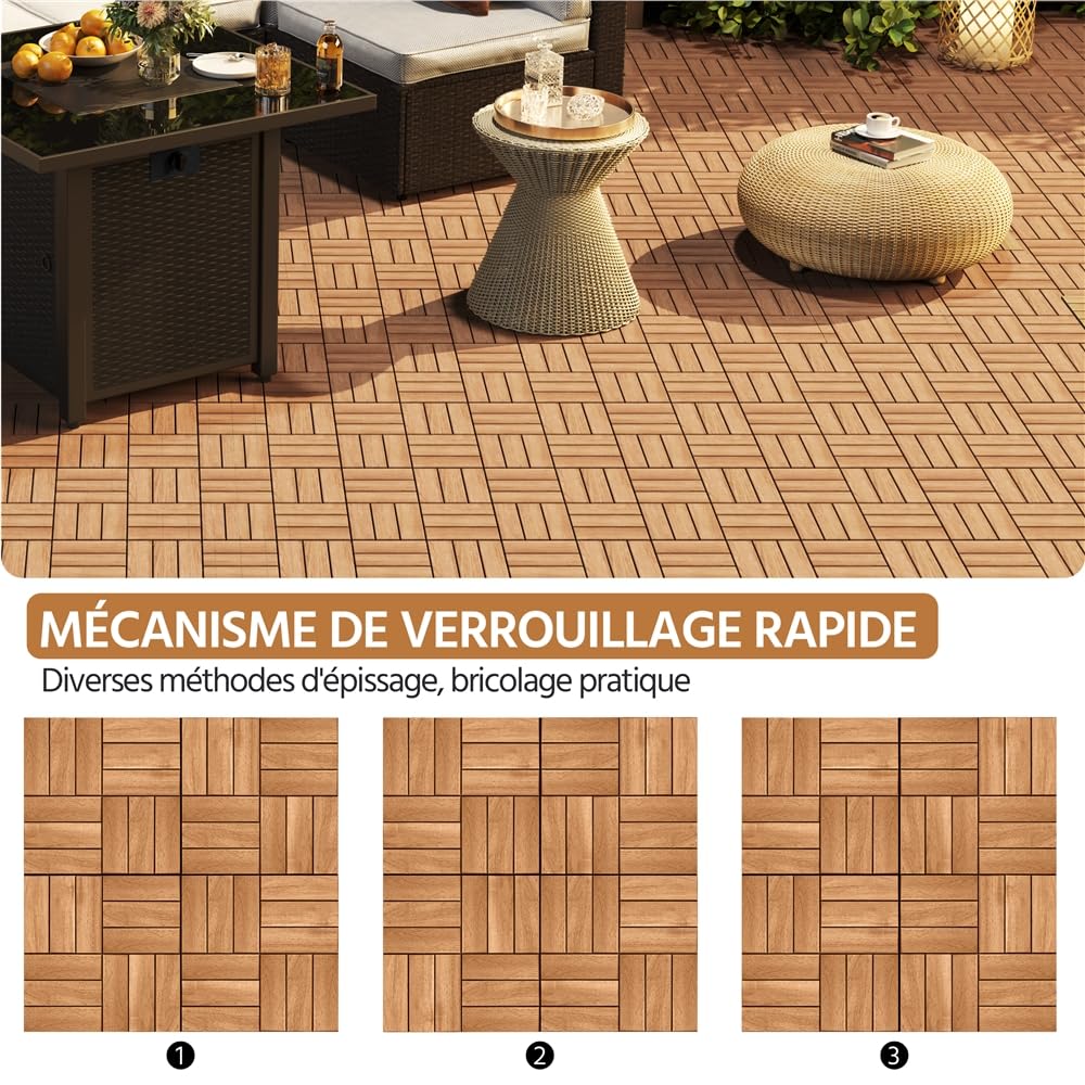 Yaheetech Carreaux de jardin en bois d'acacia 30 x 30 cm Revêtement de sol imperméable résistant aux intempéries pour extérieur, balcon, jardin, terrasse, 10 pièces