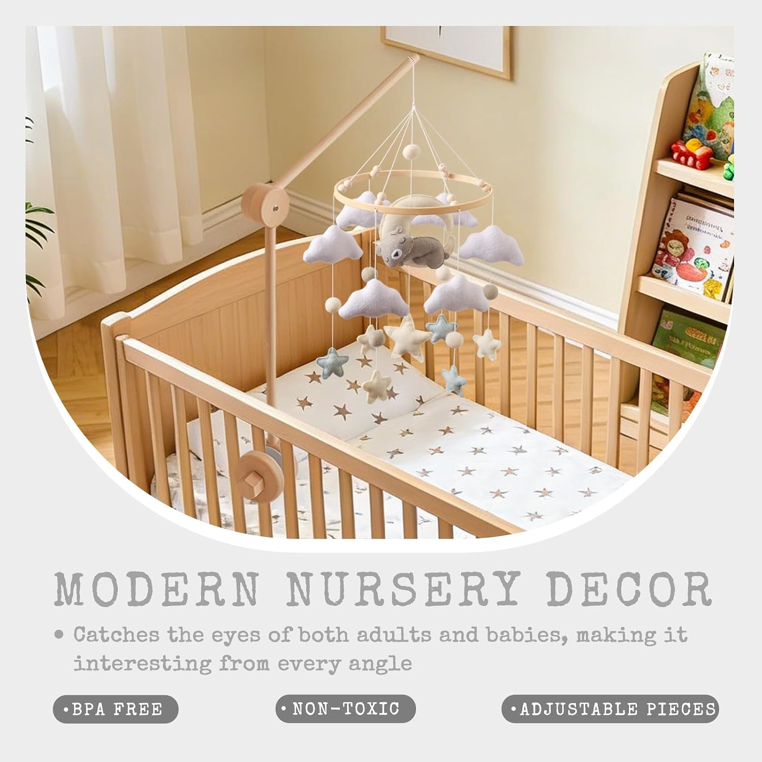 Moyii Baby Crib Mobile for Nursery - Handmade Felt Sleepy Bear on Moon Hanging Mobile - Gender Neutral Ceiling Decor for Boys Girls - Nordic Star Cloud - Newborn Baby Shower Gift
