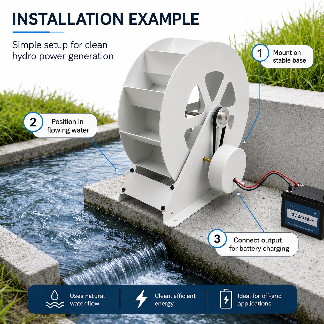 Generador de turbina de agua portátil de 100 W | Cuerpo de acero, transmisión por correa silenciosa, uso de bajo flujo cerca de arroyos, desagües y electrónica al aire libre