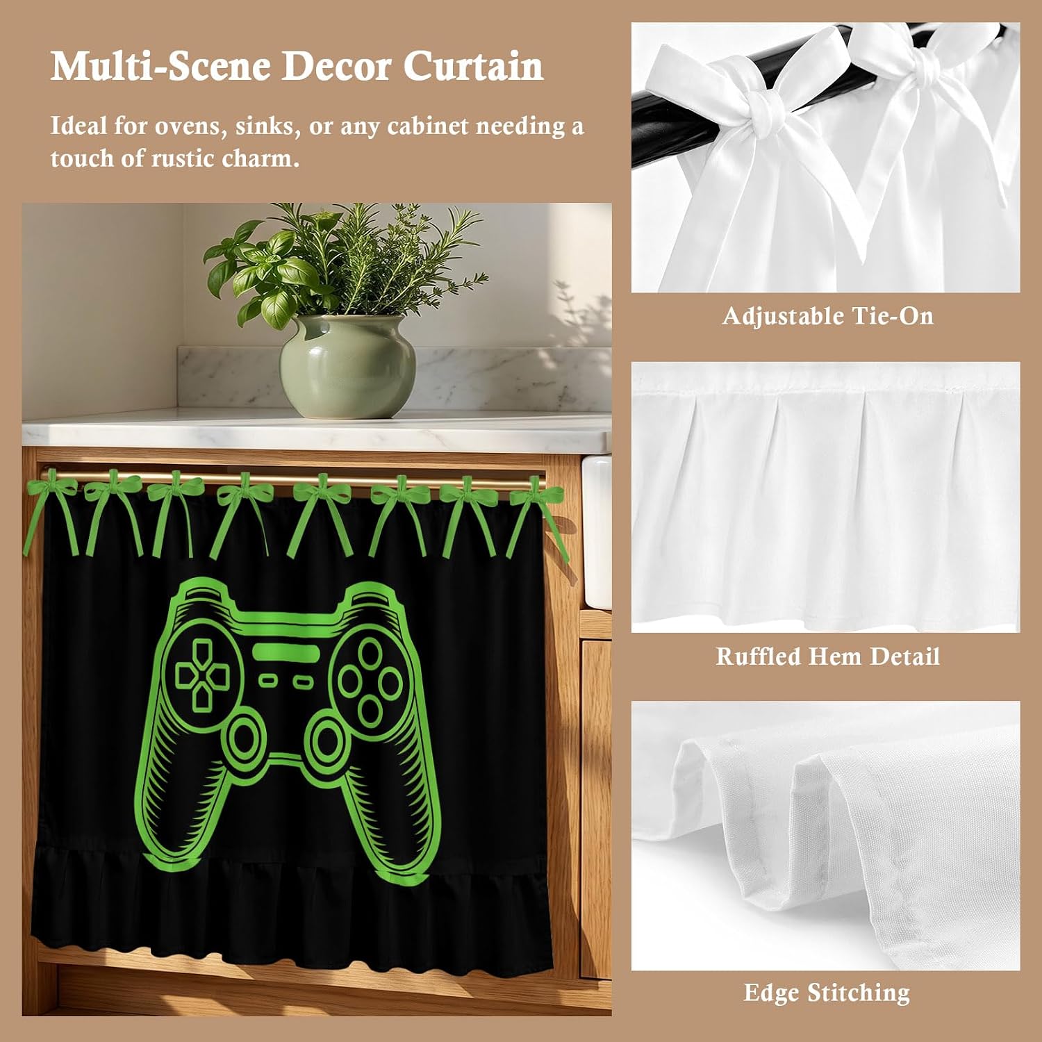 Green Game Controller Oven Skirt for Farmhouse Kitchen Décor, Modern Art Gaming Handheld Black Oven Curtain Tie Top Decorative Stove Skirt, Cabinet Dish Washer Curtains with 8 Ribbon Ties 30"x21.5" image 5