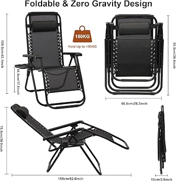 Zero Gravity Chairs,Set of 2,Folding Sunloungers,Adjustable Recliner with Headrests,Cup Holder for Outdoor,Beach,Garden,Patio,Poolside