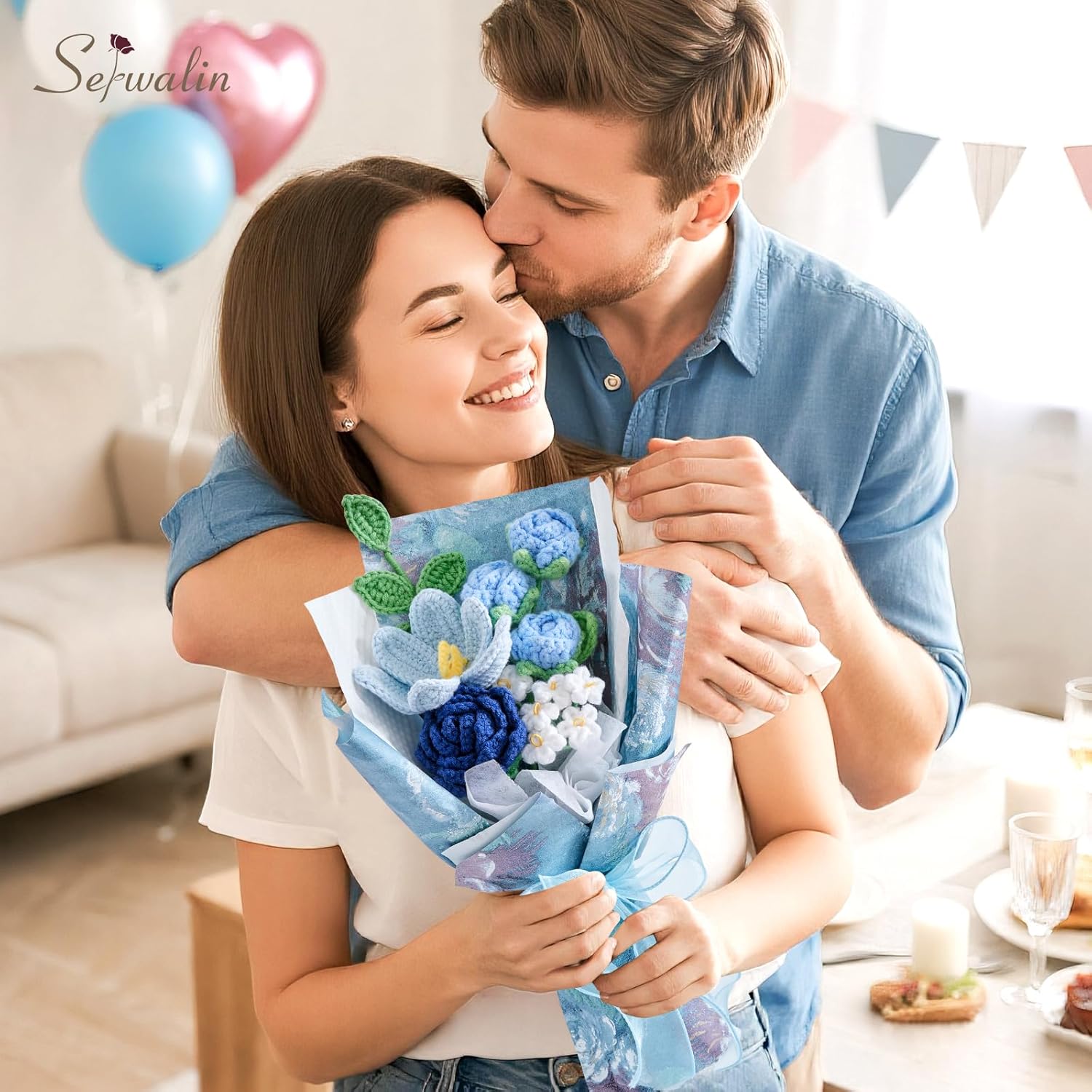 Serwalin Crochet Flower Bouquet, Blue Handmade Knitted Flowers, Crochet Roses Tulips Flowers for Lover Teacher Anniversary Birthday Party Graduation Gifts for Her, Girlfriend, Wife(Include Card) - Image 2