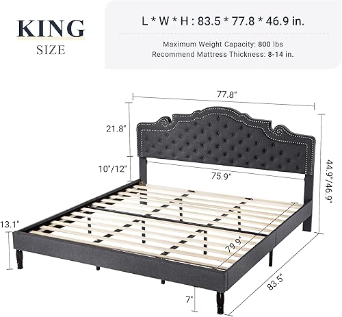Miniatura 2 de Allewie Base de cama King Platfrom con cabecera tapizada de tela botón de diamante y ribete de clavos soporte de listones de madera no necesita