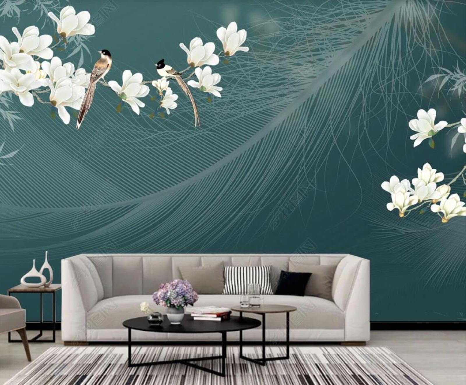 Papier Peint Panoramique Oiseaux Chambre Adulte Tapisserie Fleurs Magnolia Romantique