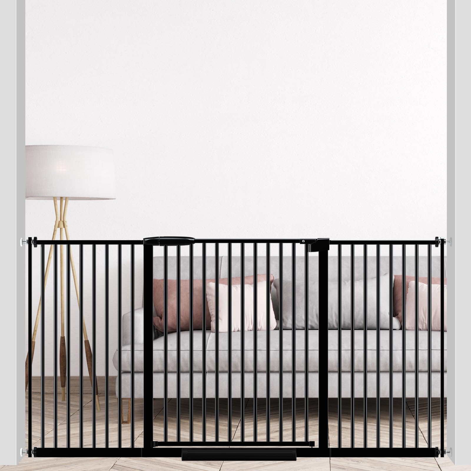 DEARBB Extra Wide Baby Gate Ultra Narrow Spacing 30.11-73.42" Pressure Mounted Double Lock Swing Auto Close Walk Through Metal Safety Pet Gate for Stairs and House Doorway Kitchen,Black 61.61-65.55"