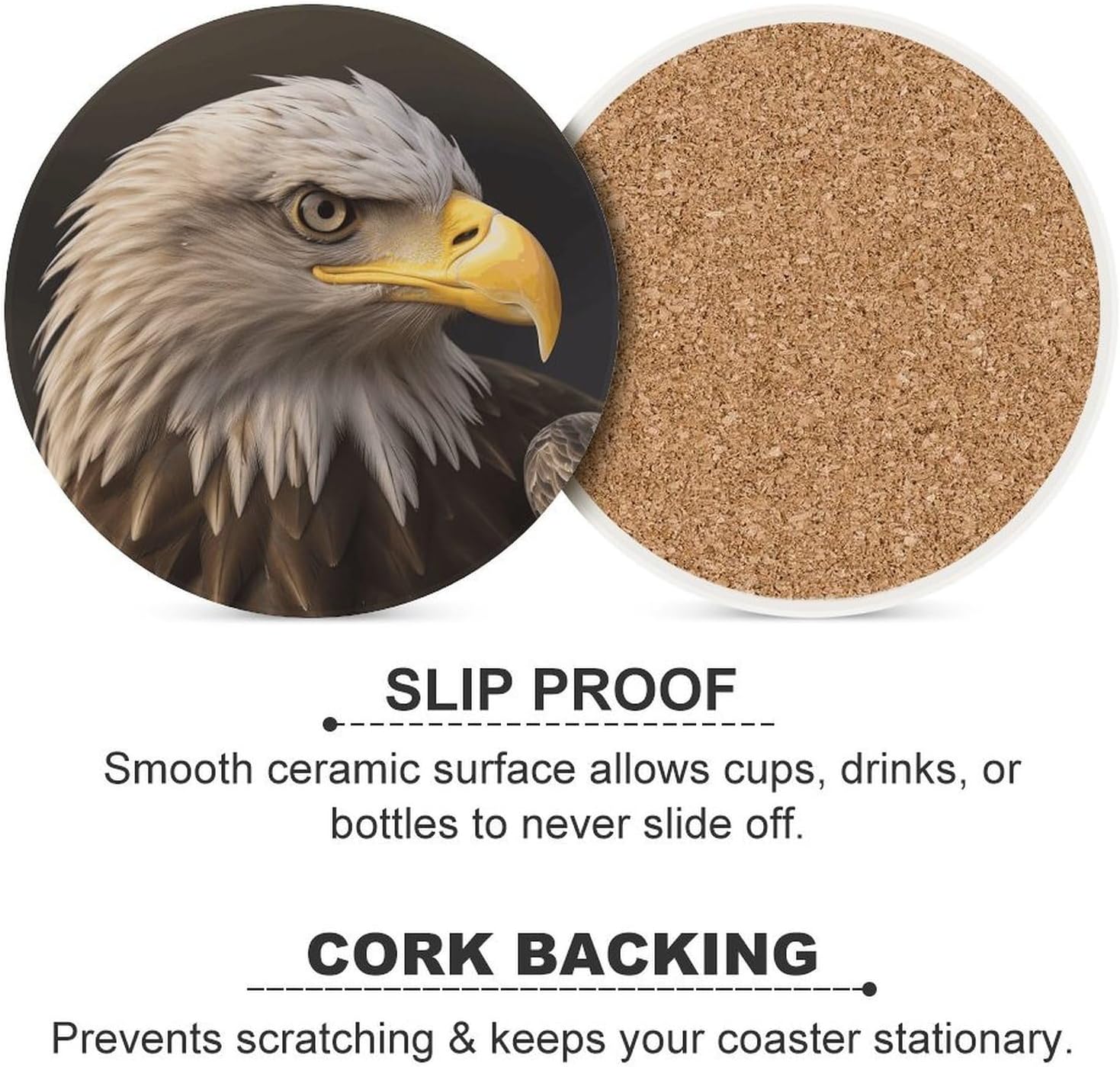 6PCS Bald Eagle Coasters Non-Slip Round Drink Coasters with Ceramic Stone and Cork Base, Heat Resistant Absorbent 33.00Stone Coaster Set for Kinds of Mugs and Cups, 4 Inch