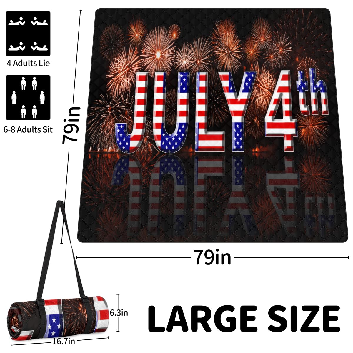 Shimoshe Extra Large Picnic Blankets 79”x 79”, Fireworks Waterproof Foldable Picnic Mat with Straps Portable Beach Blanket for Camping Park Grass Beach Indoor