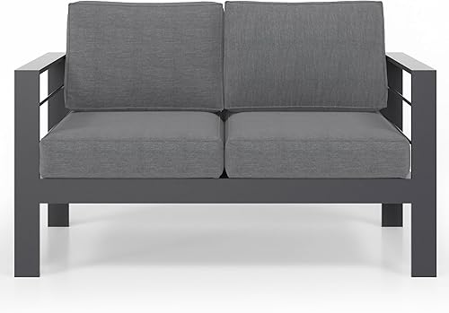 Solaste Sofá biplaza de aluminio para exteriores, sofá de metal para todo tipo de clima, con cojines, gris oscuro
