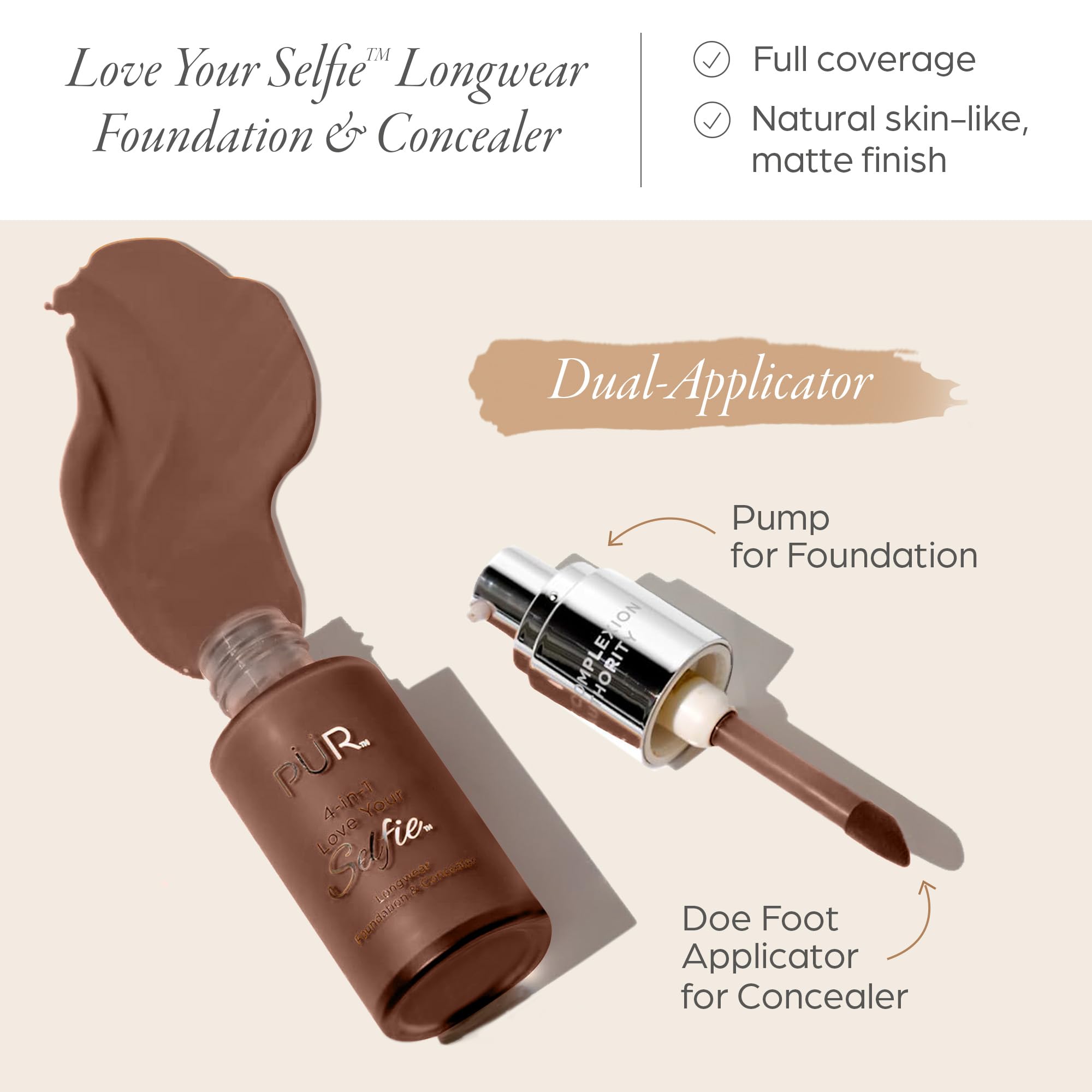 PÜR MINERALS 4-in-1 Love Your Selfie Foundation & Concealer - Longwear Full Coverage Liquid Makeup Foundation with Hydrating Blend for Refined-Looking, Natural Beauty Glow, Skin Texture & Tone: DPP1/Mocha