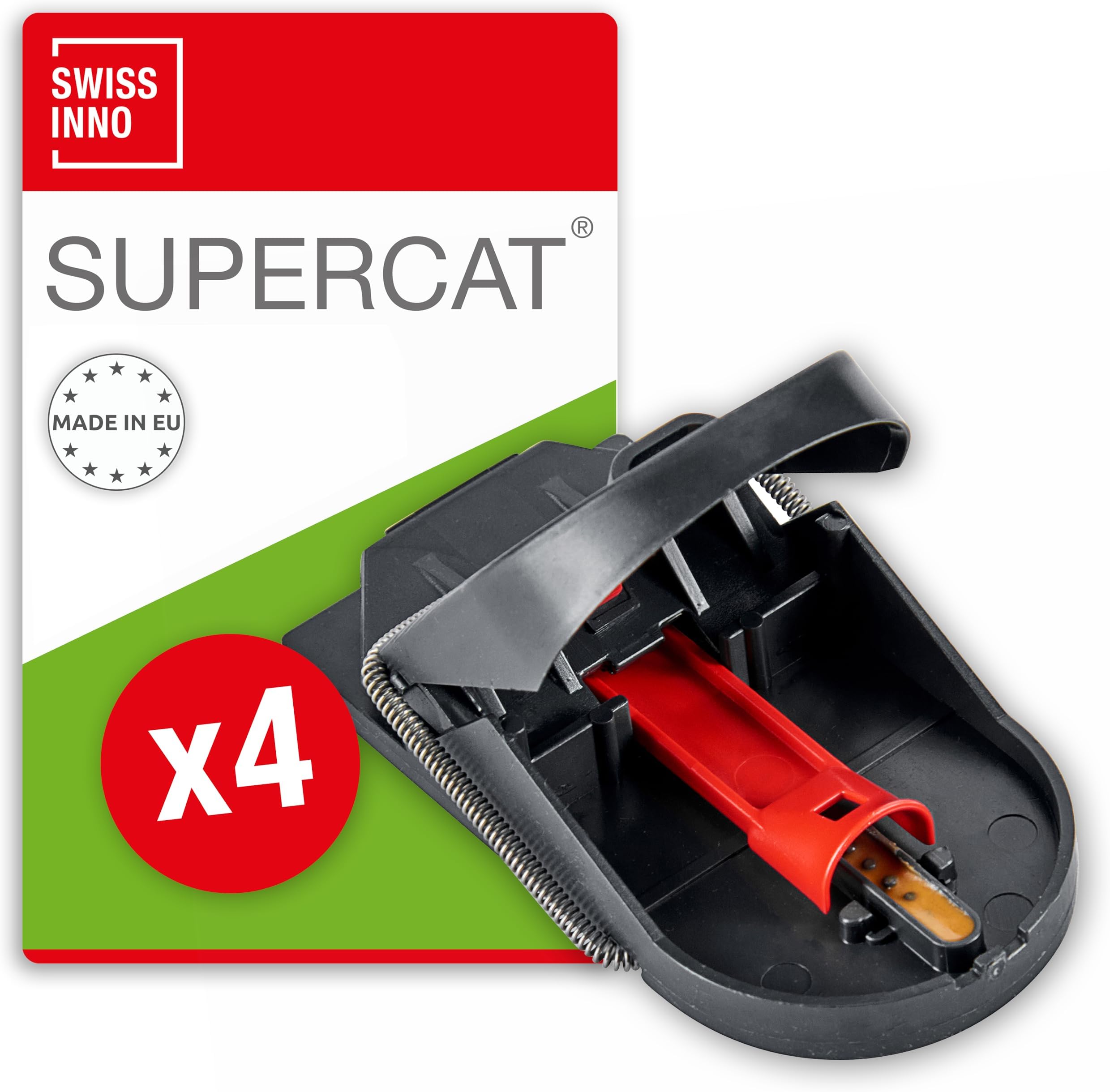 SWISSINNOMouse Trap Pro SuperCat. Efficient, Humane and Reusable with Food Bait. Catch and Kill instantly. Indoors and Outdoors Use. Safe for children and pets. Made in EU: 4 x Traps