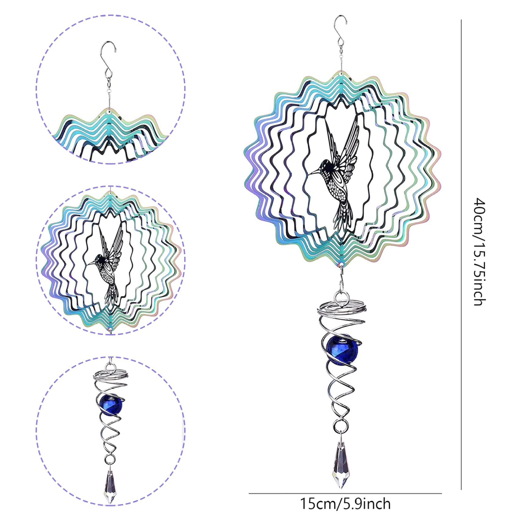 Giradores de Viento de 6 Pulgadas para hilanderos de Viento Colgantes de jardín Metal Chimes 3D con Cola Espiral de Bola para decoración de Arte de jardín al Aire Libre colibrí.