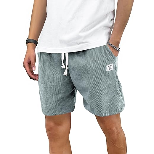 PLEPAN Short masculino de veludo cotelê casual 17 cm costura interna cintura elástica cordão verão praia curta