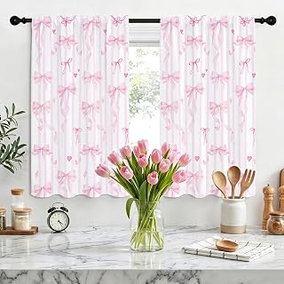 Coxila 27.5 x 39 Inch Short Pink Bow Curtains, Small Window Treatment Tiers for Kitchen Over Sink, Rod Pocket Fabric Drapes for Bathroom, Coquette Aesthetic Kawaii Room Decor, 2 Panels