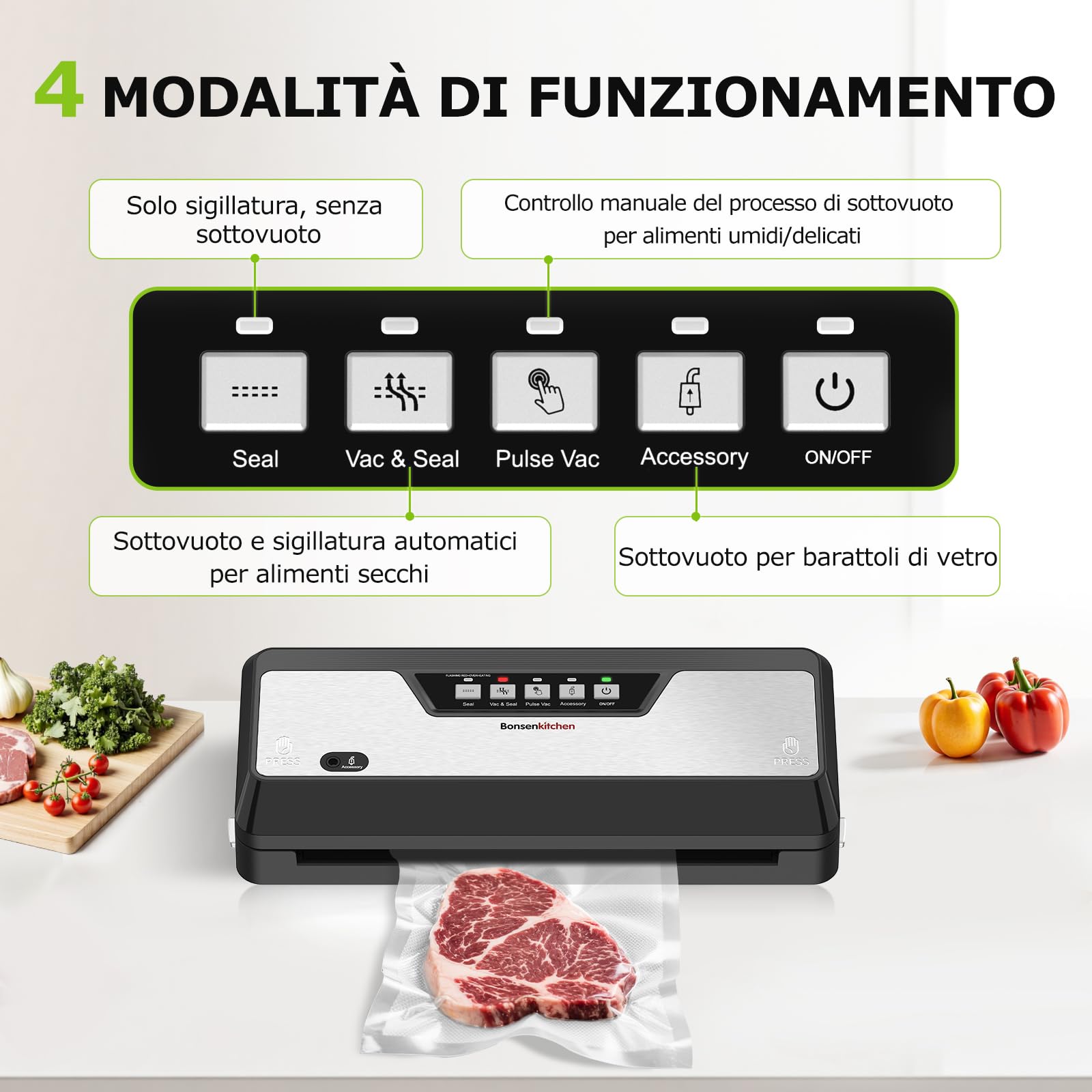 Bonsenkitchen Macchina Sottovuoto Alimenti, 125Watt, Taglierino Integrato | 4 Modalità di Funzionamento, Barra di Sigillatura Allargata, 1 Rotolo di Sacchetti, 5 Sacchetti Sottovuoto, VS3019