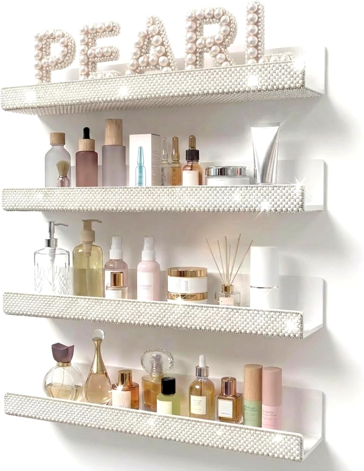 4 Pack 15 Inch Nail Polish Wall Rack，Diamond Crystal Rhinestone Acrylic Nail Polish Organizer，Sunglasses Essential Oil Picture Display Storage Wall Shelf
