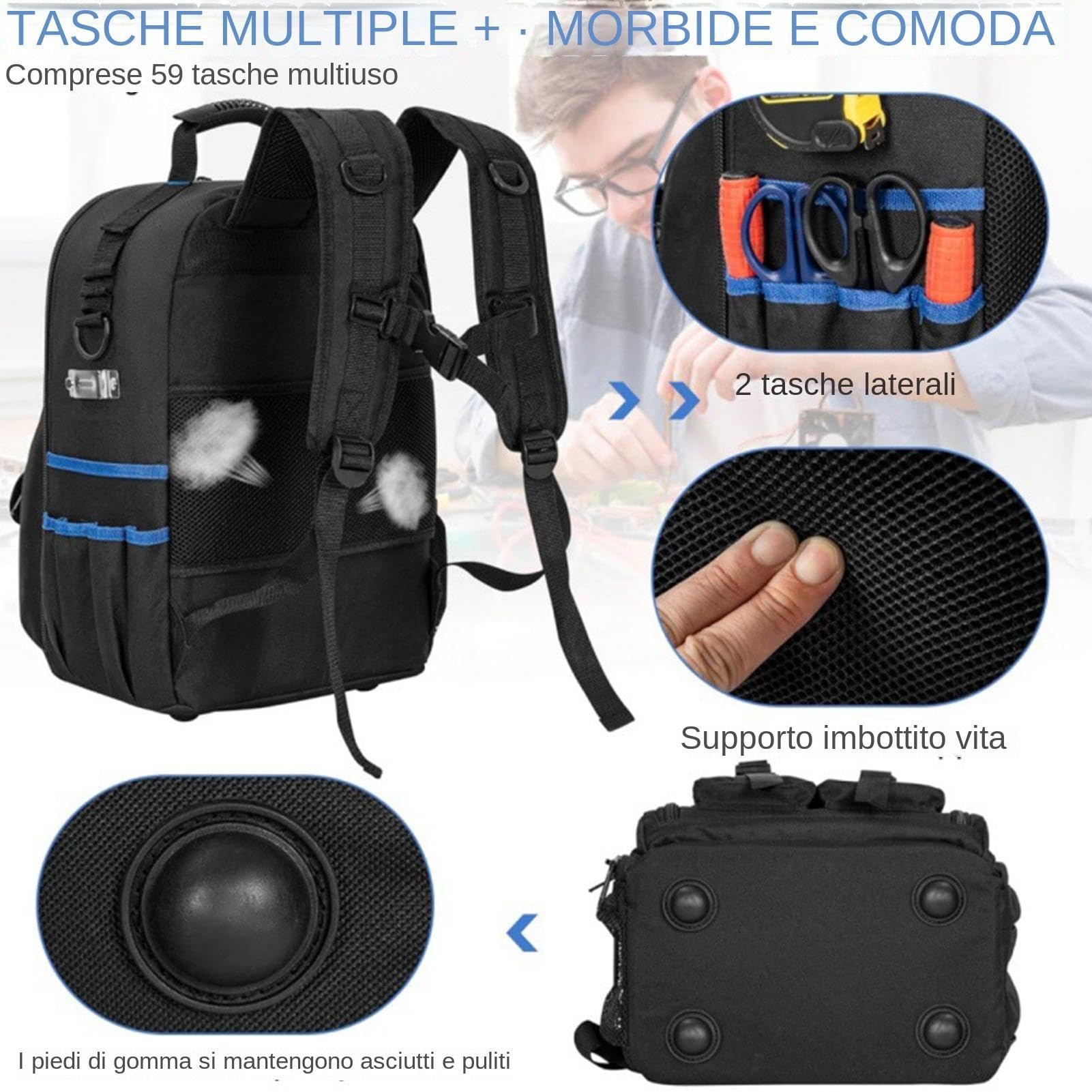 Zaino per attrezzi da elettricista - Base impermeabile con fondo rigido, organizer multitasche resistente, borsa per tecnici professionale alta 40 cm, tessuto Oxford rinforzato da 1,5 kg