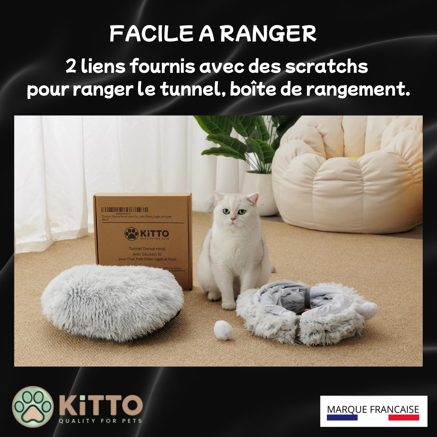 Kitto - Tunnel pour Chat - Panier Moelleux avec Coussin lit - Tunel Cat Jeu - Cabane, Niche - Tunnelle modulable - Rond -Convient pour Chat XXL, Petit Chien, Lapin, Furet - 12 Attaches en Bois