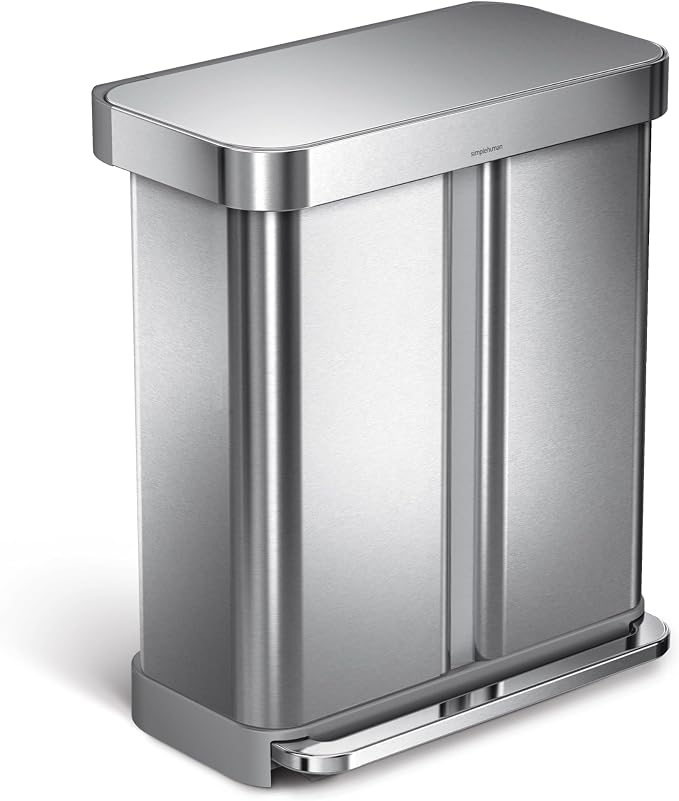 simplehuman 45 Liter / 12 Gallon Rectangular Hands-Free Kitchen Step Trash Can with Soft-Close Lid, Brushed Stainless Steel
