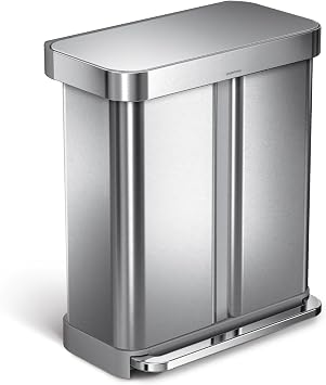 simplehuman CW2025 58L 34/24 Rectangular Recycling Kitchen Pedal Bin with Liner Pocket, Silent Soft Close Lid, Strong Wide Pedal, Fingerprint-Proof, Brushed Stainless Steel