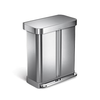 simplehuman 58L 34/24 Rectangular Recycling Kitchen Pedal Double Bin with Liner Pocket, Silent Soft Close Lid, Strong Wide Pedal, Fingerprint-Proof, Brushed Stainless Steel, CW2025