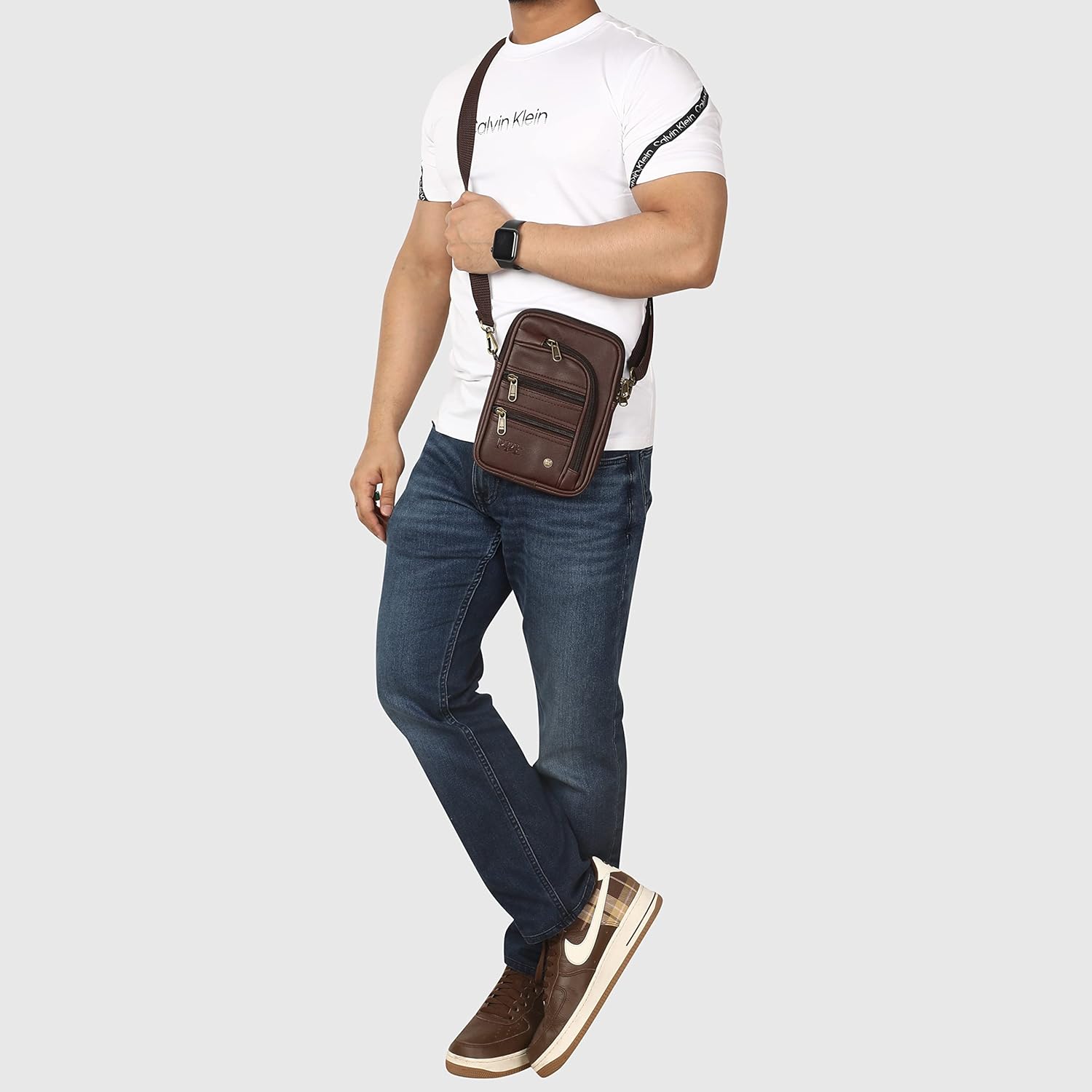 Pramadda Pure Luxury Classic Vegan Leather 7 Pocket Sling Bag For Men and Women | Compact Smart Organiser Messenger Side Mobile Bag For Easy Travel | Special Corporate Gift For Men, Mocha Brown, M