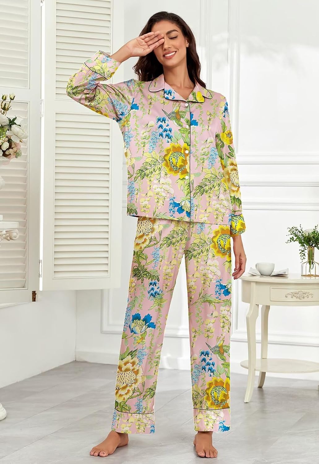 Brosloth Womens Silky Pajamas Floral Print Satin Pajama Set Long Sleeve Button Up Soft Sleepwear Cute Pj Sets - Image 3