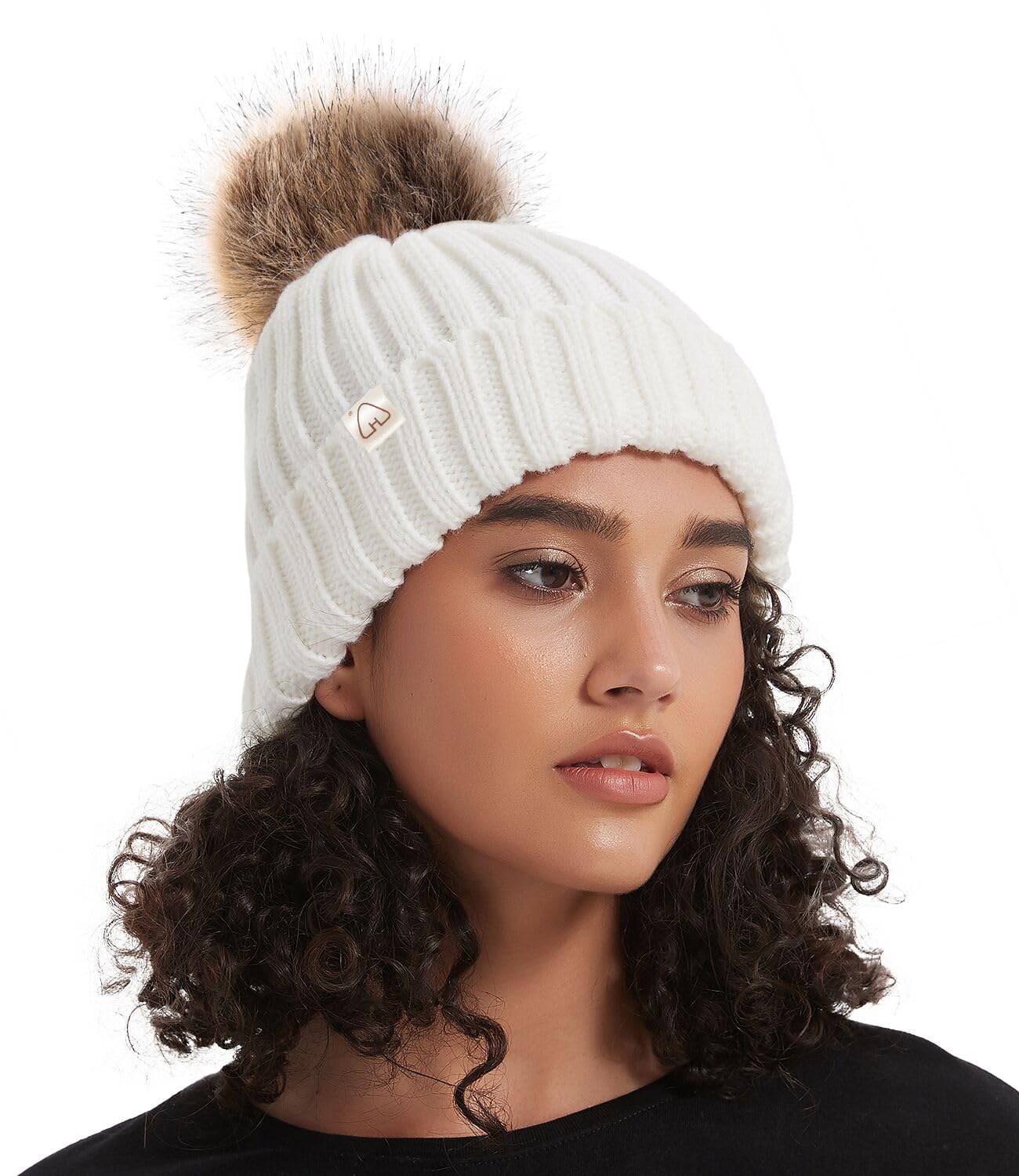 Hat Hut Women's A8-White Winter Hats For Satin Lined Beanie Hats For Bobble Hat Warm Winter Cap Pom Pom Beanie (A8-White)