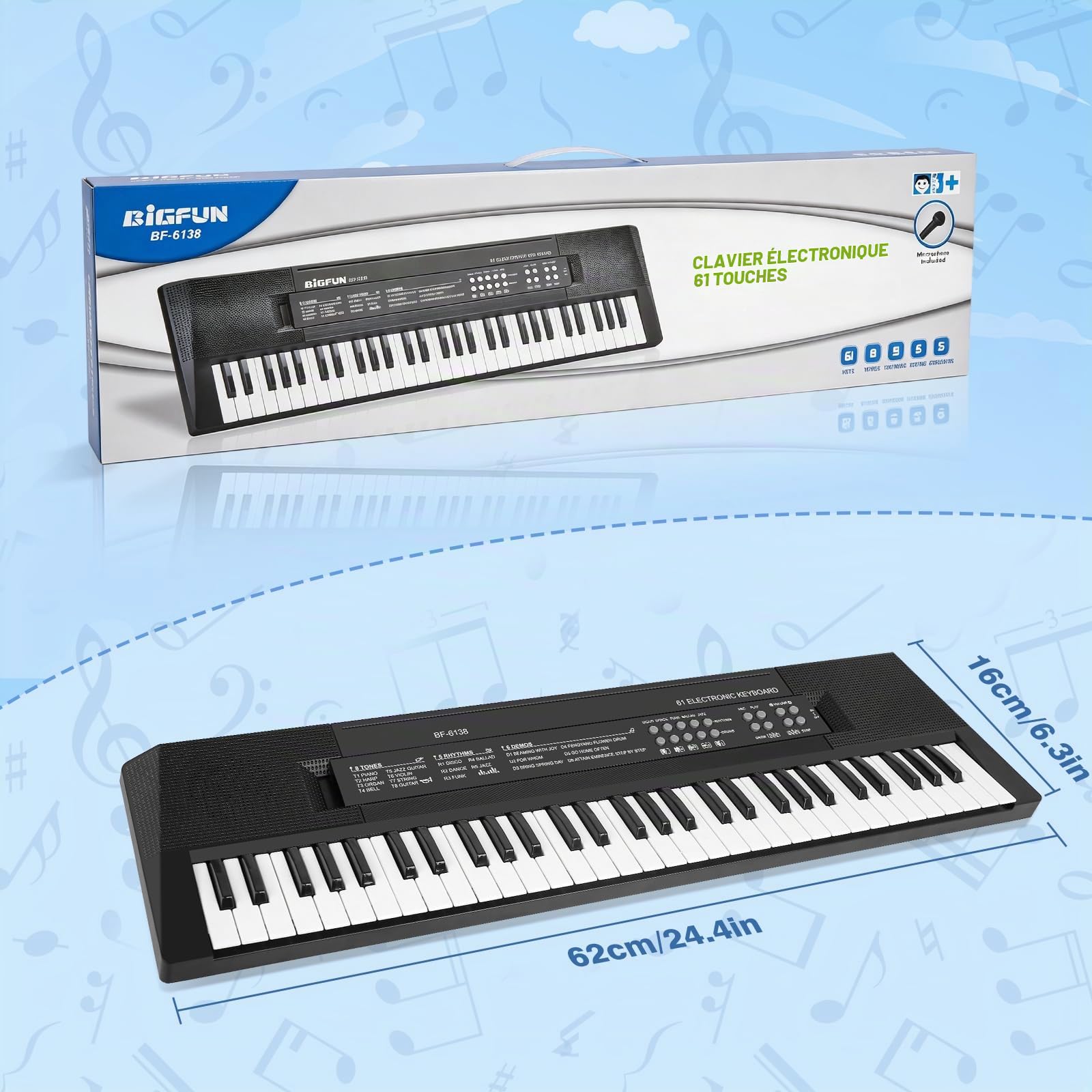 61 Touches Enfants Piano Clavier, Piano Électronique Clavier Musical Jouet | Piano Enfants Musical avec Micro, Instruments de Musique Jouet Cadeau pour Débutants Garçons et Filles de 3 à 12 Ans