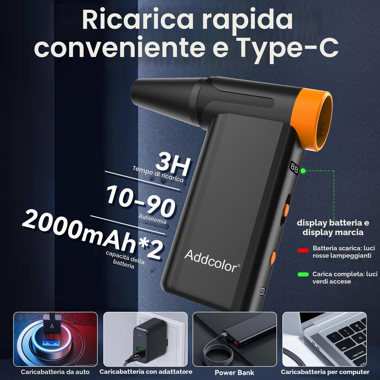 AD51 - Spolverino ad aria compressa da 2000 mAh* 2, con 8 marce regolabili, 106770 giri/min con display, soffianti portatili per tastiera, computer, auto, esterni, letto ad aria