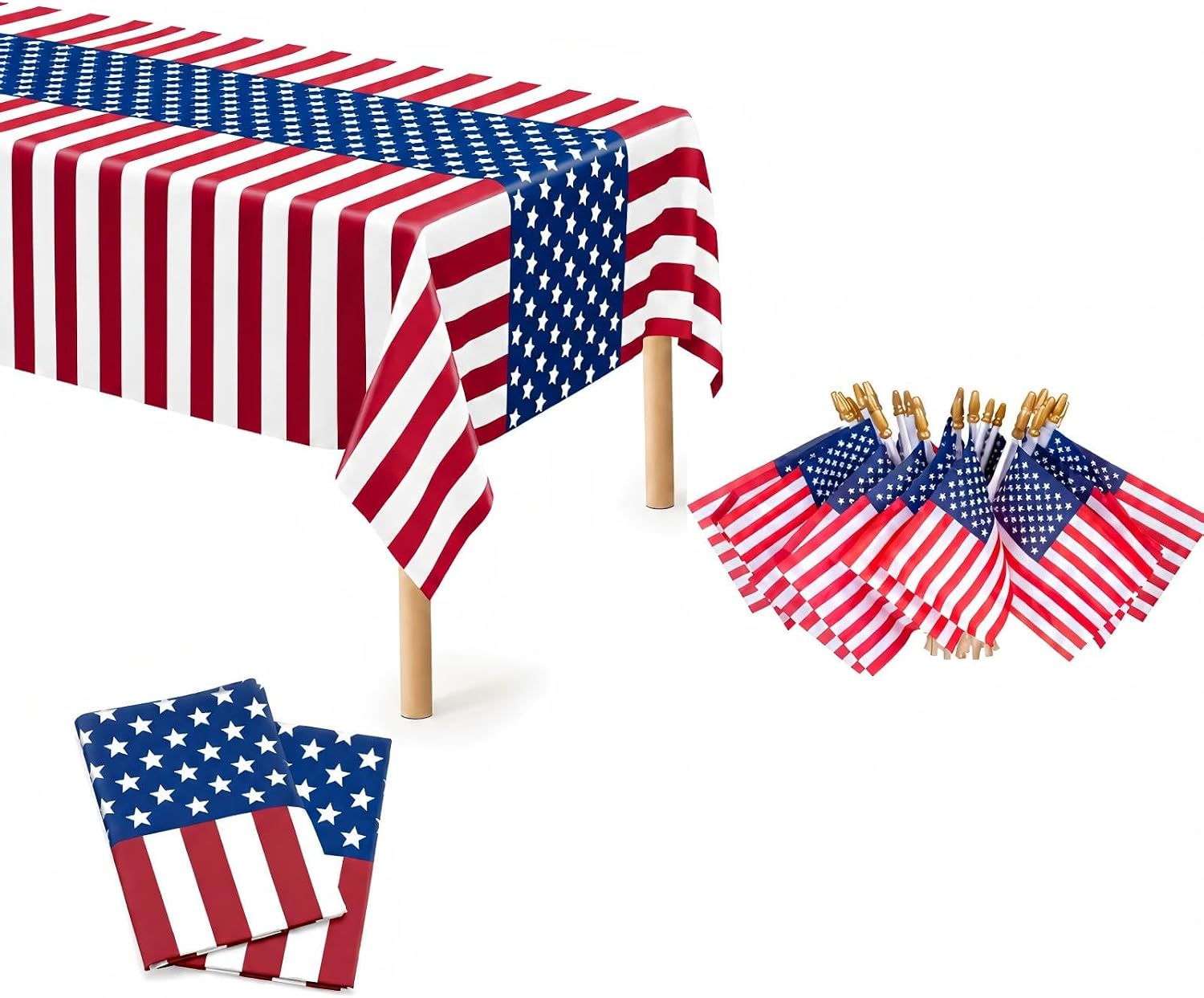 Patriotic Tablecloth and Small American Flags Set 4th of July Decorations with 2 Pack Disposable Plastic Tablecloths 54.1"x108" and 12 PCS 4"x6" Stick Flags for Birthday, Outside, Picnic, Camping