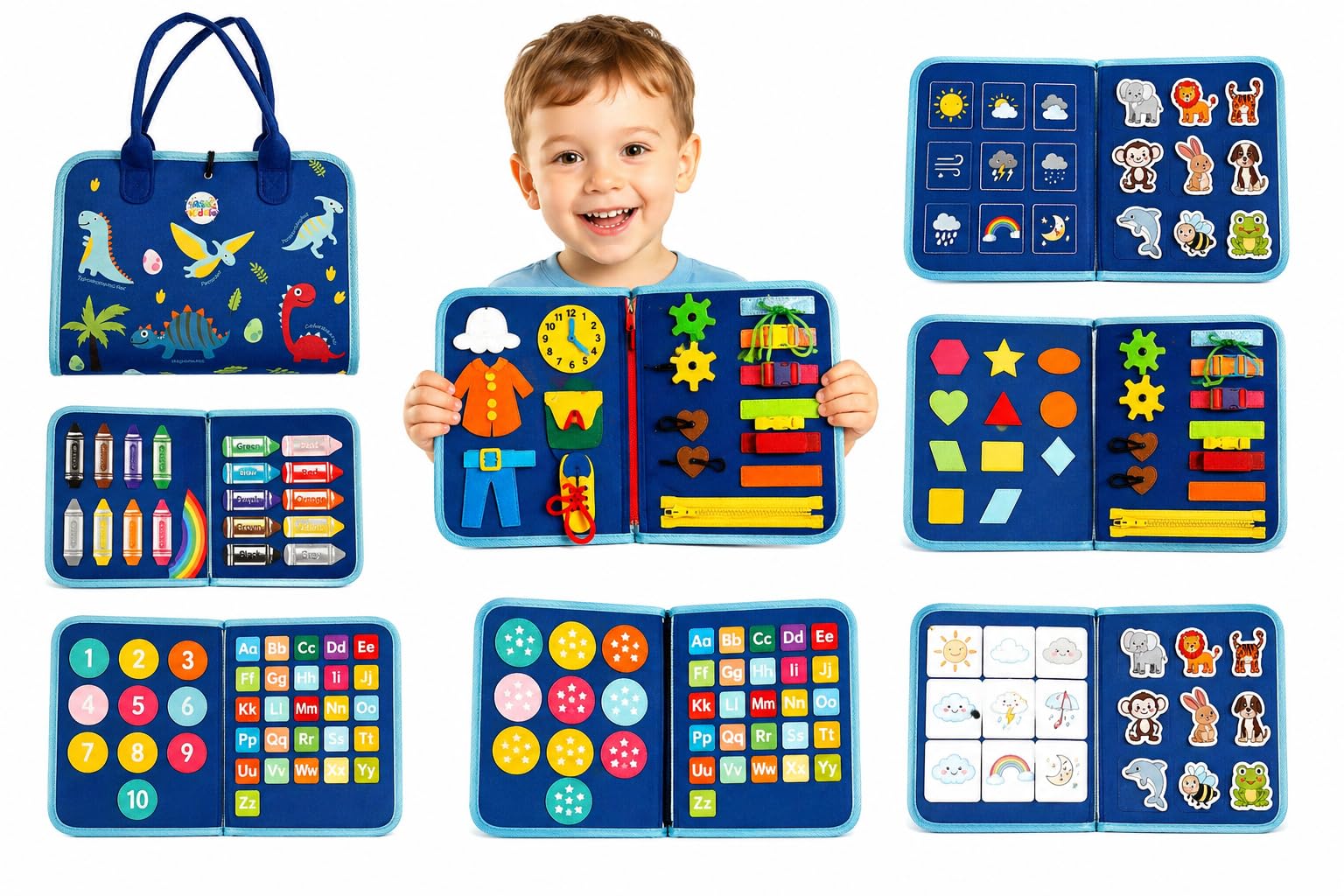 ASK Kiddie - Montessori Busy Board Toddler Activity Book – Educational & Portable Travel Learning Toy with Zippers, Buttons, Fine Motor Skills & Sensory Activities (Ages 3 4 5 6 7 8)