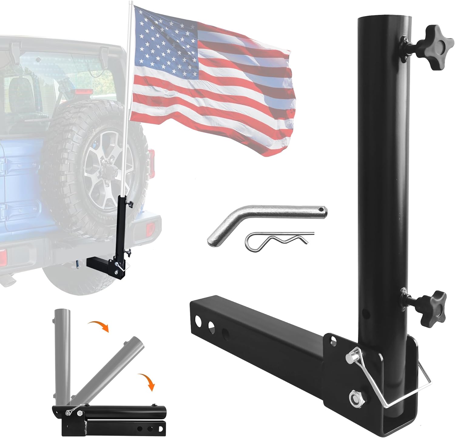 KAIRAY Foldable Hitch Mount Flagpole Holder Universal for Standard 2 inch Hitch Receivers fit for Truck SUV RV Pickup