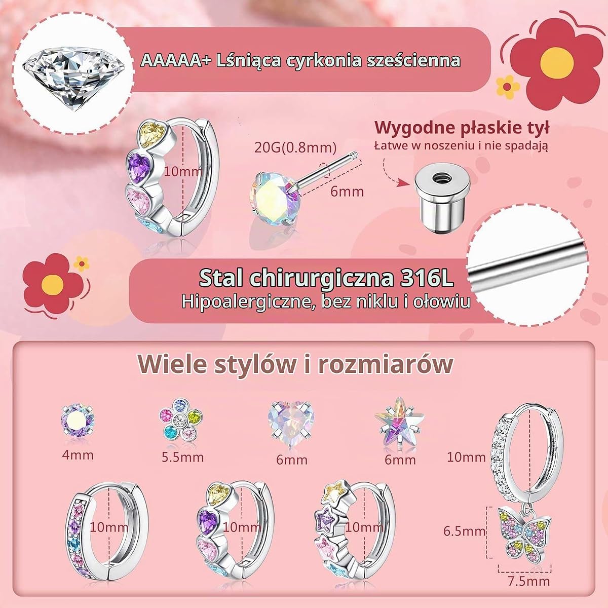 Diamday 8 par hipoalergicznych kolczyków na wkrętkę dla kobiet, stal nierdzewna 316L