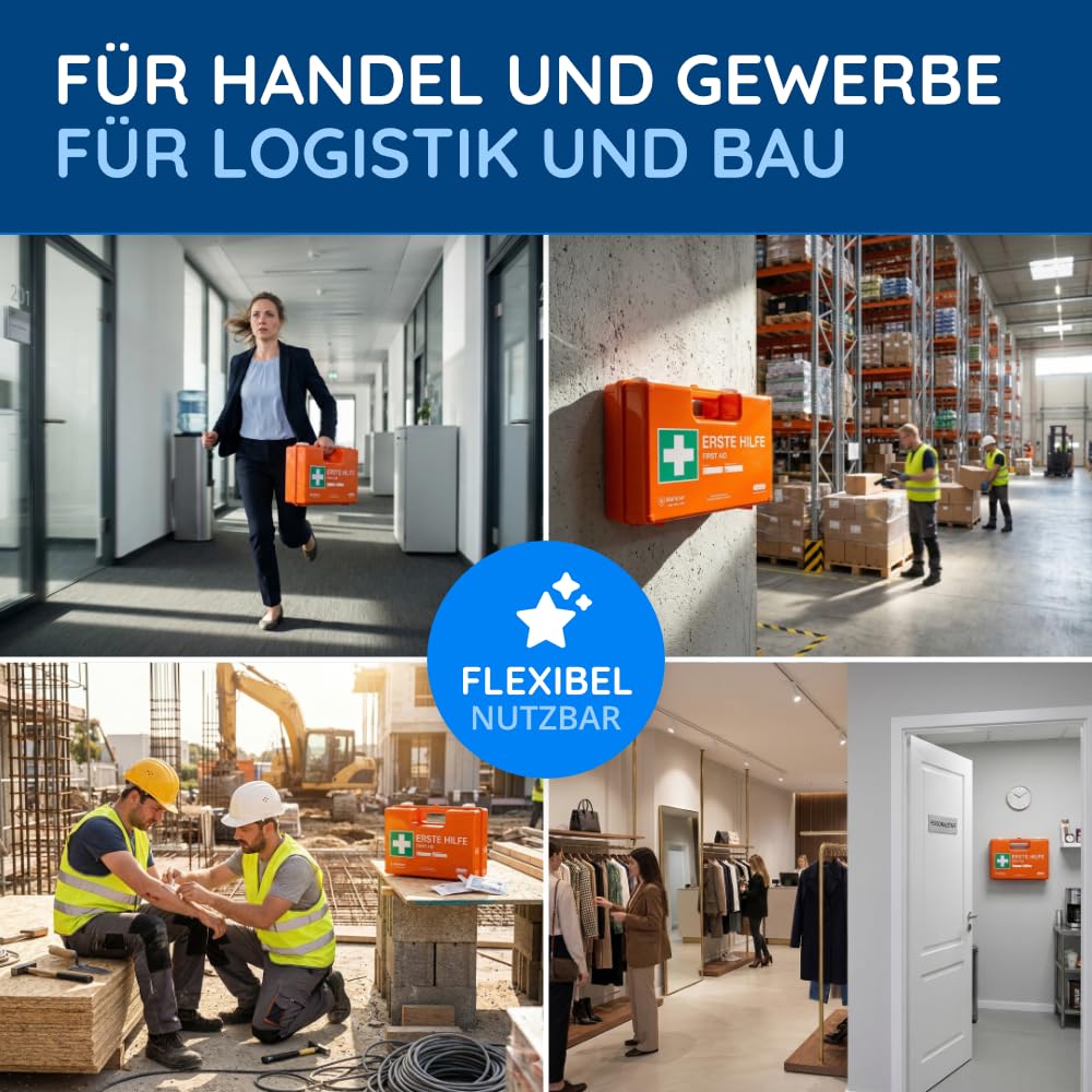 Erste Hilfe Koffer nach neuer DIN 13157:2021 | Gefüllt, inkl. Wandhalterung, 5x Aufkleber, Prüfsticker & 3x Plomben | Erste Hilfe Kasten/Verbandkasten für Betriebe, Unternehmen, Büro & Zuhause