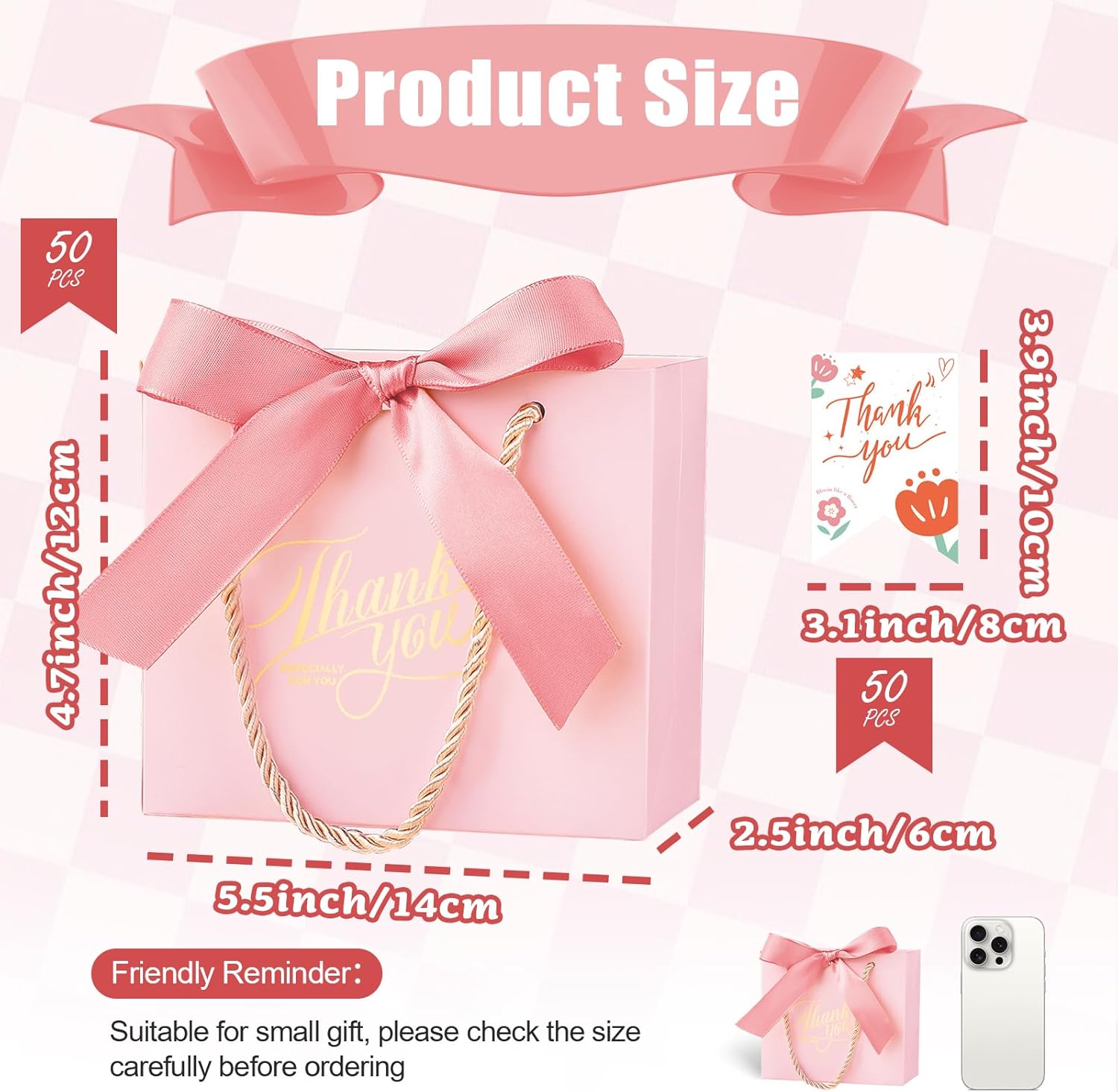 WATUNID 50PCS Small Thank You Gift Bags with Handles, 5.5''x 2.5''x 4.7'' Mini Gift Bags Bulk with Bow Ribbon, Party Favor Bags Candy Bags for Party Wedding Valentine's Day Baby Shower(Pink) - Image 2