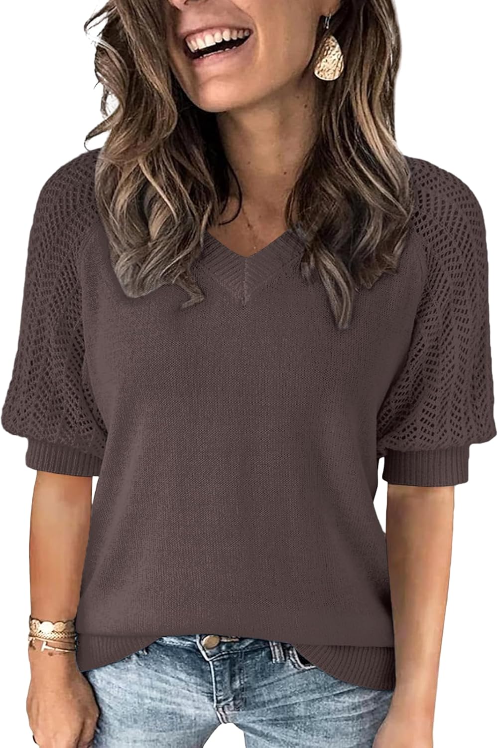 Women Half Sleeve Knitted Sweater, Fall Summer Solid Hollow Crochet Top - V Neck, Elasticity, No Pilling, Lightweight